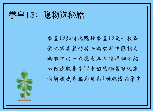 拳皇13:隐物选秘籍